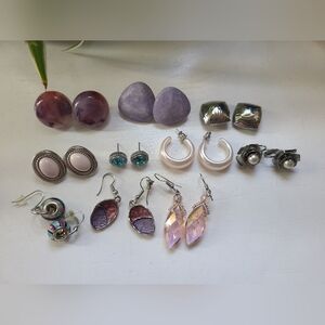 Vintage Silver Tone Pink Purple Earrings Costume Lot Bundle  Stud Clip On